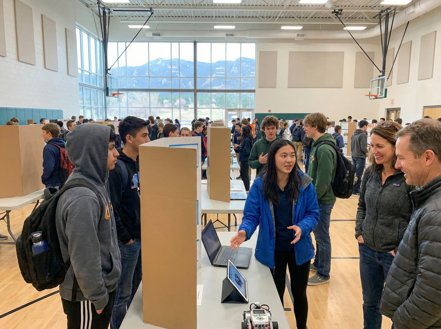 Students presenting their AI projects at a community showcase event